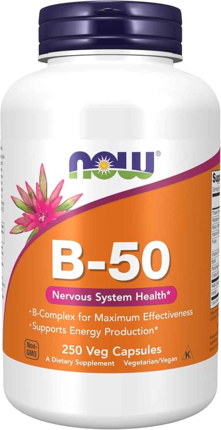 A bottle of NOW brand B-50 dietary supplement with an orange label, featuring 250 vegetarian capsules. The label highlights benefits for nervous system health and energy production, mentioning B-Complex for maximum effectiveness. Non-GMO, vegetarian, and identified by Import placeholder: 3007055.