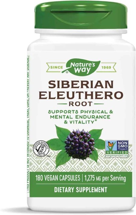 A bottle of Nature's Way Siberian Eleuthero Root dietary supplement, featuring 180 vegan capsules. The label highlights support for physical and mental endurance and vitality, with certifications for non-GMO and Tru-ID verification—ideal for those seeking an import placeholder of wellness.