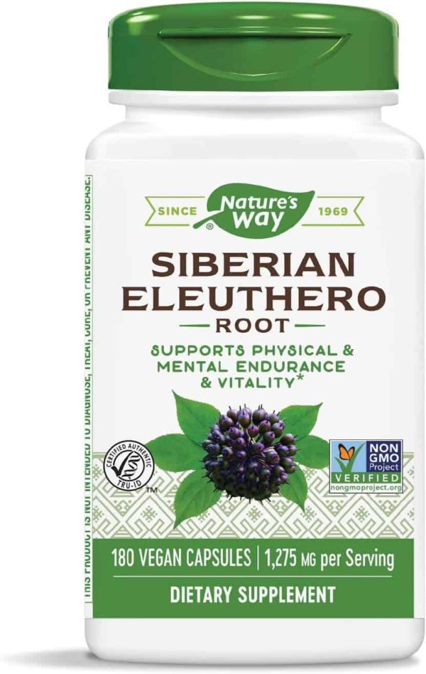 Natures-Way-Premium-Herbal-Siberian-Eleuthero.jpg A bottle of Nature's Way Siberian Eleuthero Root dietary supplement, featuring 180 vegan capsules. The label highlights support for physical and mental endurance and vitality, with certifications for non-GMO and Tru-ID verification—ideal for those seeking an import placeholder of wellness.