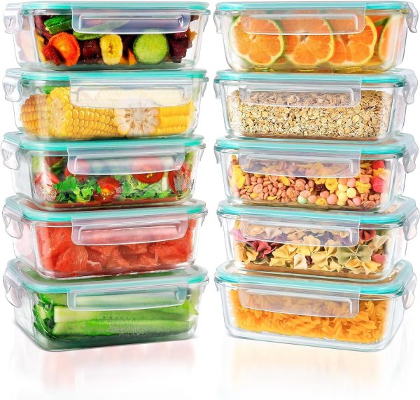 Non-toxic Containers Feshory 10 Pack Airtight Glass Food Storage Containers with Lids A stack of eight transparent, non-toxic containers by Feshory filled with various foods, including vegetables, fruits, grains, pasta, and cereal. These airtight glass food storage containers feature light blue lids and are arranged in two neat columns.
