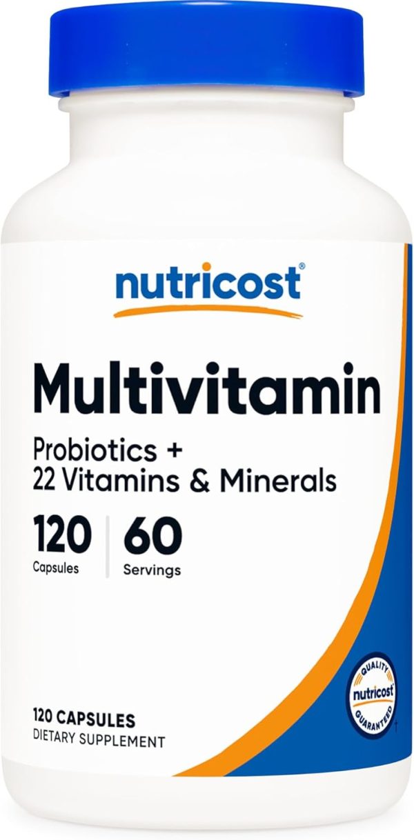Nutricost Multivitamin with Probiotics 120 Vegetarian Capsules A white bottle of Nutricost Multivitamin with probiotics, containing 120 vegetarian capsules and 60 servings. The label highlights "22 Vitamins & Minerals" and features a blue cap with a quality guarantee logo.