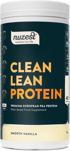 A 1kg container of Nuzest Clean Lean Protein in Smooth Vanilla flavor, this plant-based supplement is crafted from premium European pea protein. The label boasts its credentials: vegan, gluten-free, non-GMO, and delivers 20g per serving for the ideal Vegan Protein Shake.