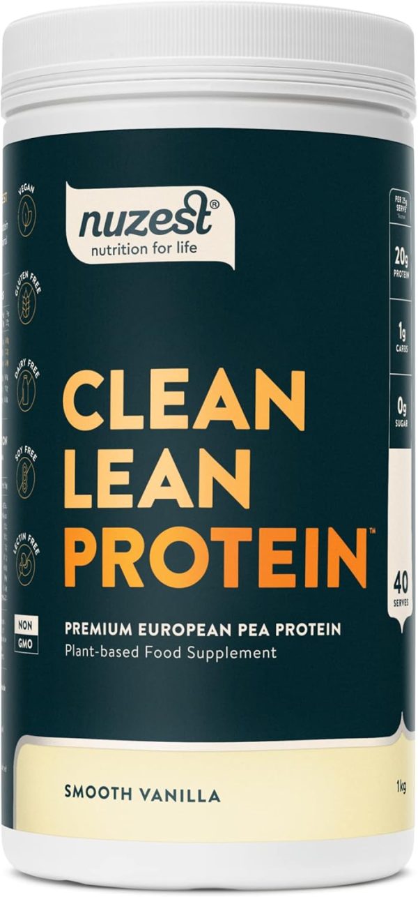 Nuzest - Pea Protein Powder - Clean Lean Protein - Smooth Vanilla - Vegan Protein Shake A 1kg container of Nuzest Clean Lean Protein in Smooth Vanilla flavor, this plant-based supplement is crafted from premium European pea protein. The label boasts its credentials: vegan, gluten-free, non-GMO, and delivers 20g per serving for the ideal Vegan Protein Shake.