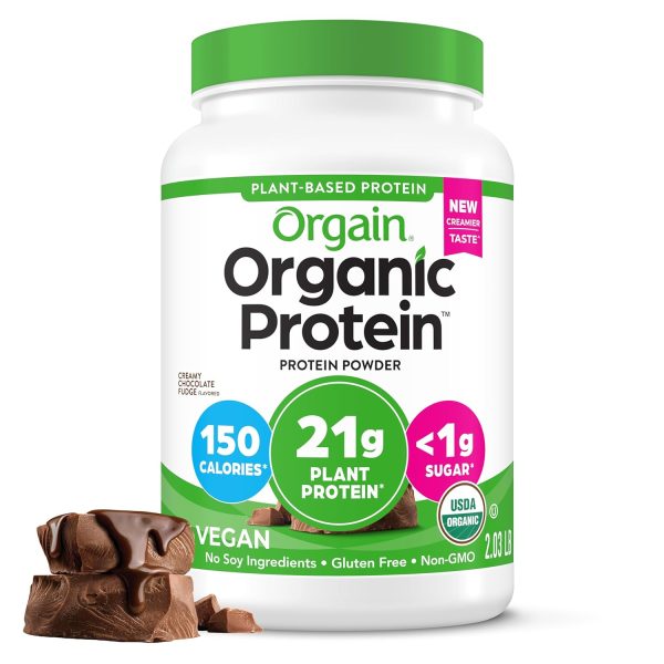 Orgain Organic Vegan Protein Powder, Creamy Chocolate Fudge - 21g Plant Protein A container of Orgain Organic Vegan Protein Powder features a creamy chocolate fudge flavor. The packaging highlights "21g plant protein," "150 calories," "