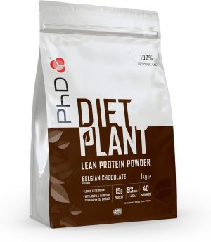 The PhD Nutrition Diet Plant Lean Protein Powder in Belgian Chocolate flavor offers 19g of vegan protein per serving and only 93 calories. With 40 servings in a 1kg bag, it's low in fat and sugar, enriched with CLA and green tea extract, and comes in eco-friendly recyclable packaging.
