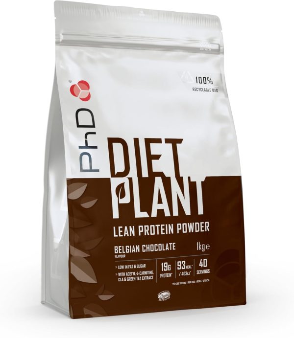 PhD Nutrition Diet Plant Vegan Protein Powder The PhD Nutrition Diet Plant Lean Protein Powder in Belgian Chocolate flavor offers 19g of vegan protein per serving and only 93 calories. With 40 servings in a 1kg bag, it's low in fat and sugar, enriched with CLA and green tea extract, and comes in eco-friendly recyclable packaging.