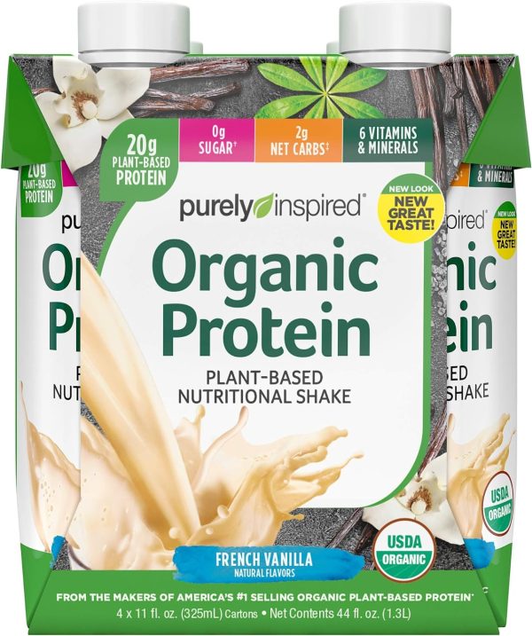 Purely Inspired Organic Protein Shake, Ready to Drink, 20g Plant Based Two cartons of Purely Inspired Organic Protein Plant-Based Nutritional Shake in French Vanilla flavor. Ready to drink, each serving offers 20g of plant-based protein, 0g sugar, and 2g net carbs. Packed with vitamins and minerals, it's USDA Organic certified for a healthy lifestyle.
