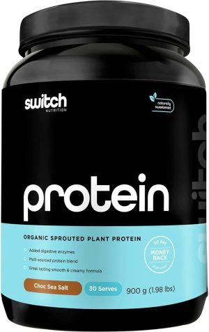 A black container of Protein Switch organic sprouted plant protein in the delicious Chocolate Sea Salt flavor. It boasts "30 serves" with added digestive enzymes for a smooth formula. Plus, it comes with a reassuring "30 day money back" guarantee label.