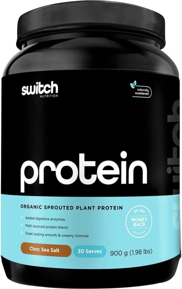 Switch Nutrition Protein Switch Chocolate Sea Salt Organic Sprouted Plant Protein 900 g A black container of Protein Switch organic sprouted plant protein in the delicious Chocolate Sea Salt flavor. It boasts "30 serves" with added digestive enzymes for a smooth formula. Plus, it comes with a reassuring "30 day money back" guarantee label.