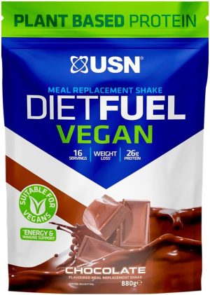 The USN Diet Fuel Vegan Meal Replacement shake in chocolate flavor boasts high protein content, featuring 26g per serving. With packaging that highlights "plant-based protein" and suitable for vegans, it offers 16 servings. The bag is blue with green accents, perfect for your dietary needs.