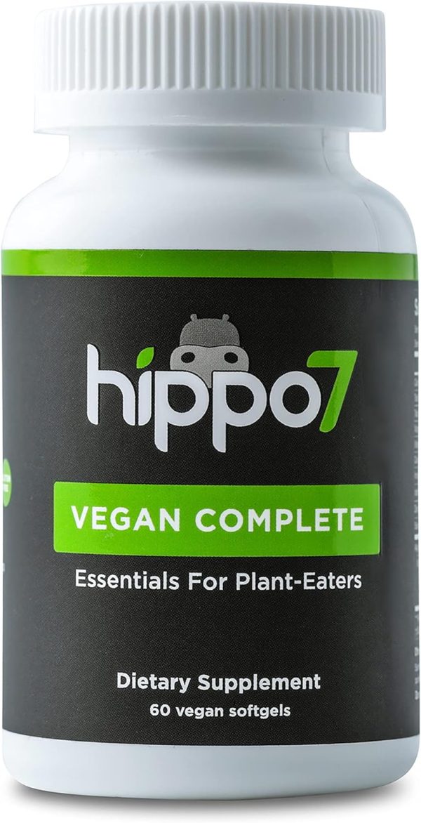 Vegan Complete Multivitamin Vitamin B12, Vitamin D, Omega-3 A bottle of Hippo7 Vegan Complete dietary supplement, a comprehensive vegan multivitamin. The label is black and green with white text, stating "Essentials for Plant-Eaters" and "60 vegan softgels with Omega-3." The cap is white.