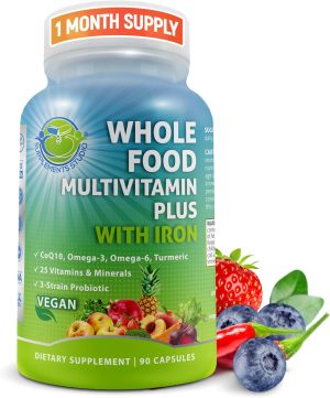 A bottle of Vegan Multivitamin with Iron labeled "1 Month Supply," packed with CoQ10, Omega-3, Omega-6, turmeric, 25 vitamins and minerals, plus a 3-strain probiotic. Adorned with fruits and berries, this Whole Food Multivitamin offers a complete vegan formula.