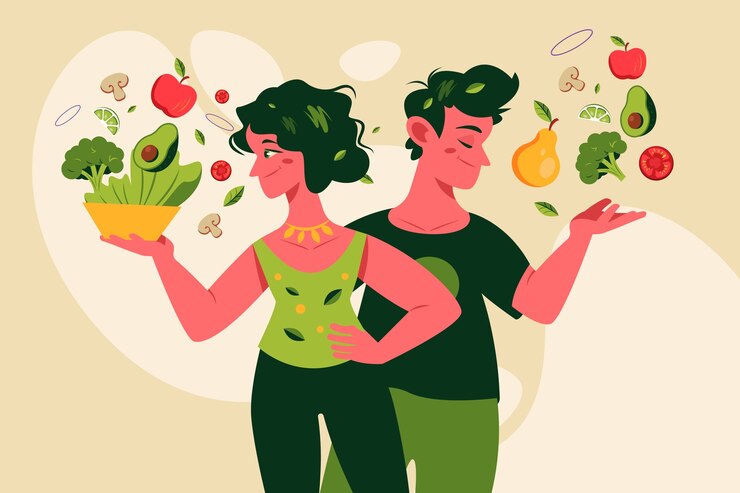 Illustration of a smiling man and woman surrounded by fresh vegetables and fruits, including avocados, broccoli, tomatoes, and pears, symbolizing healthy eating and a plant-based lifestyle.