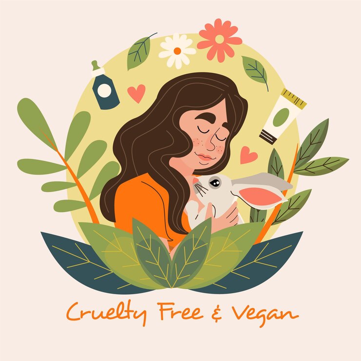 Illustration of a woman gently holding a rabbit surrounded by plants, flowers, and vegan beauty product icons, with the text 'Cruelty Free & Vegan' at the bottom, promoting compassion and eco-friendly choices.