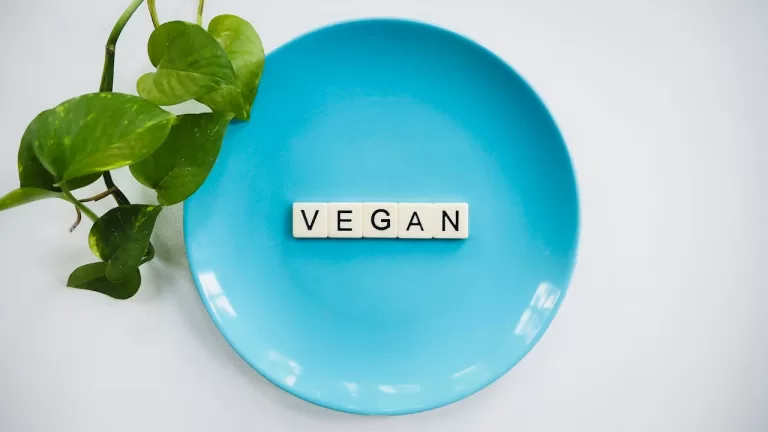 A blue plate displays letter tiles spelling "VEGAN" at its heart, complemented by a lush green leafy plant on the left, all set against a light and inviting background.