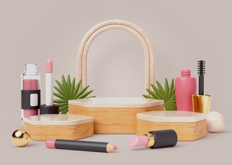A stylish arrangement of makeup products displayed on geometric wooden platforms against a neutral background. The setup includes lipsticks, lip gloss, a mascara wand, and a pink nail polish bottle, complemented by tropical palm leaves and an arch-shaped decorative element, creating a modern and elegant aesthetic.