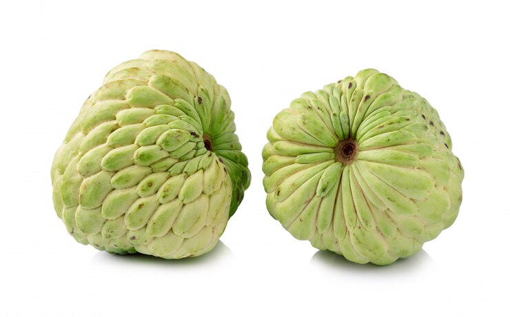 A close-up shot of a cherimoya fruit, isolated against a plain background. The fruit's green, scaly skin and unique texture are clearly visible, highlighting its distinctive appearance.