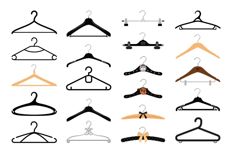 A collection of various types of clothes hangers displayed on a white background. The assortment includes wooden, plastic, metal, and padded hangers, as well as clip hangers and specialty hangers designed for different clothing styles and materials.