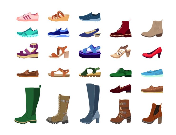 A collection of illustrated footwear styles arranged on a white background. The assortment includes sneakers, sandals, loafers, heels, boots, and dress shoes, showcasing a variety of colors, designs, and purposes for both casual and formal wear.