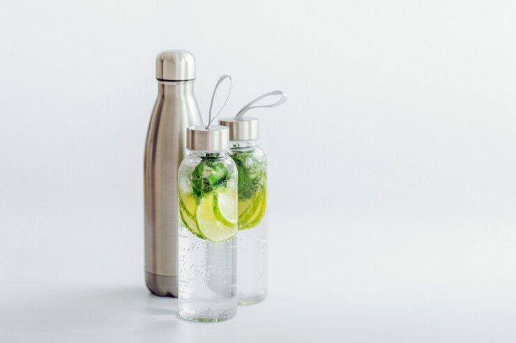 Two clear bottles filled with sparkling water infused with lime slices and mint leaves, placed alongside a sleek stainless steel water bottle, set against a minimalistic white background.