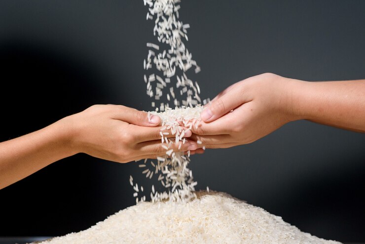 A hand holding a handful of rice grains over a pile of rice. The close-up shot highlights the texture and simplicity of the grains.