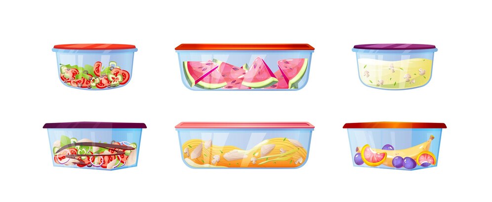 An illustration of six transparent food storage containers with colorful lids, showcasing different types of food inside. The containers include sliced vegetables, watermelon slices, creamy soup, salad with greens and toppings, spaghetti with sauce, and a mix of fruits like bananas and grapes, all arranged against a white background.