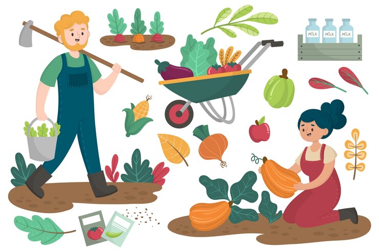 A close-up shot showing the daily chores involved in organic farming to grow your own food in a large yard. The image features a farmer tending to a vegetable garden, surrounded by vibrant green plants, creating a serene and productive atmosphere.