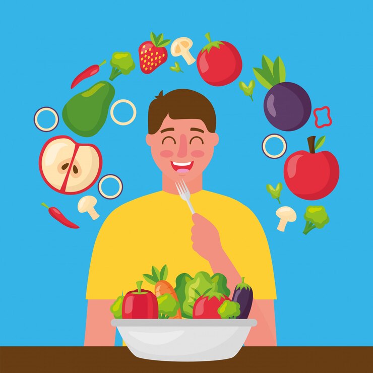 Illustration of a cheerful man in a yellow shirt holding a fork, sitting at a table with a bowl of fresh vegetables, including lettuce, tomatoes, and eggplant. Surrounding him are colorful icons of fruits and vegetables, such as apples, strawberries, avocado, broccoli, mushrooms, and chili peppers, on a blue background.