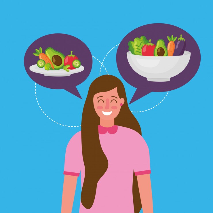Illustration of a smiling woman with long brown hair, wearing a pink shirt, against a blue background. Two speech bubbles above her show healthy food choices: one with a plate of avocado, carrots, and tomatoes, and the other with a bowl of mixed vegetables, including lettuce, eggplant, and carrots.