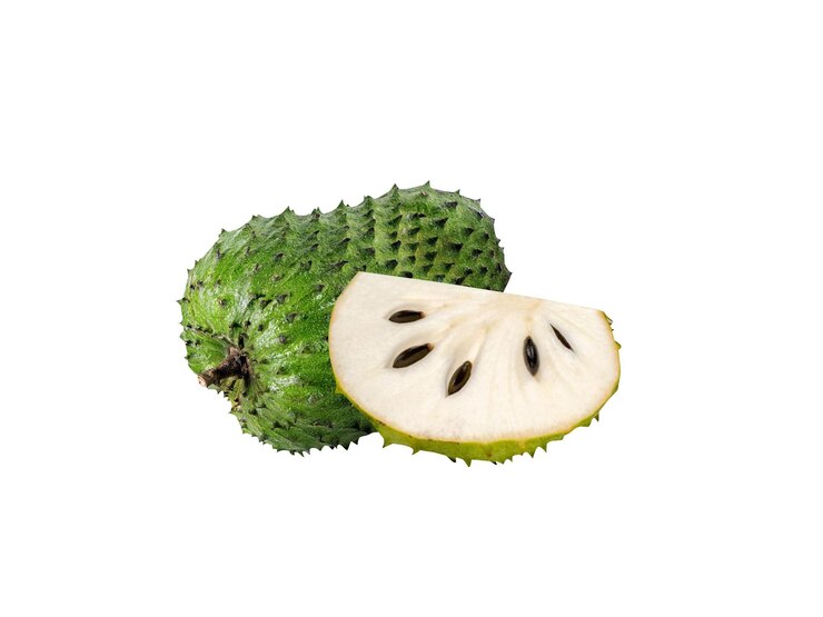 A close-up shot of a soursop fruit, isolated against a plain background. The spiny fruit's spiky, green skin and unique texture are clearly visible, highlighting its distinctive appearance.