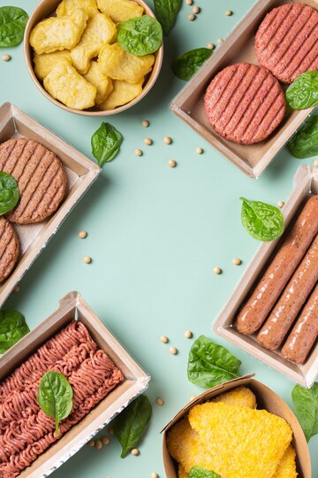 An assortment of plant-based meat alternatives arranged on a pastel green surface, including patties, sausages, ground meat, nuggets, and breaded cutlets in trays and bowls. Fresh spinach leaves and scattered soybeans are used as decorative elements, creating a vibrant and appetizing display.