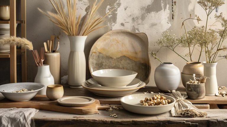 A rustic table setting featuring neutral-toned ceramic bowls, plates, and vases arranged with dried pampas grass, delicate wildflowers, and natural wood accents. The setup includes soft beige and white hues, creating a warm and earthy aesthetic, complemented by textured walls in the background.