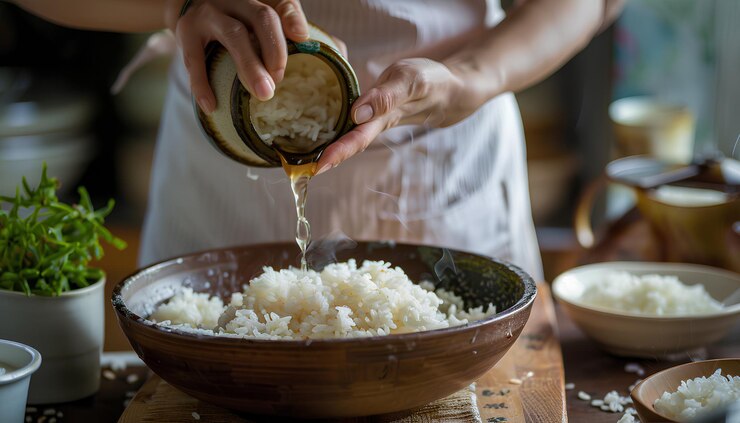 A woman adding water to a bowl of boiled rice on a wooden table. The scene captures the moment as she carefully pours the water, with other cooking ingredients visible in the background.