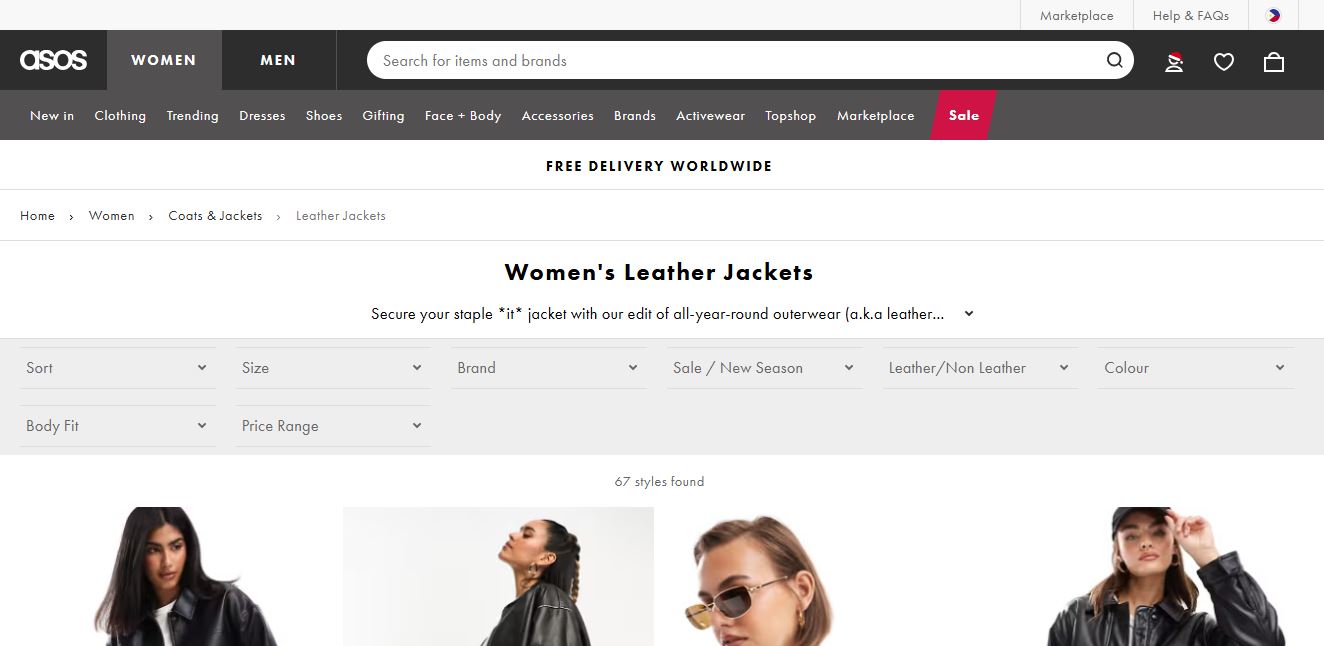 ASOS website featuring an array of women's vegan leather jackets, highlighting trendy designs and sustainable fashion options.