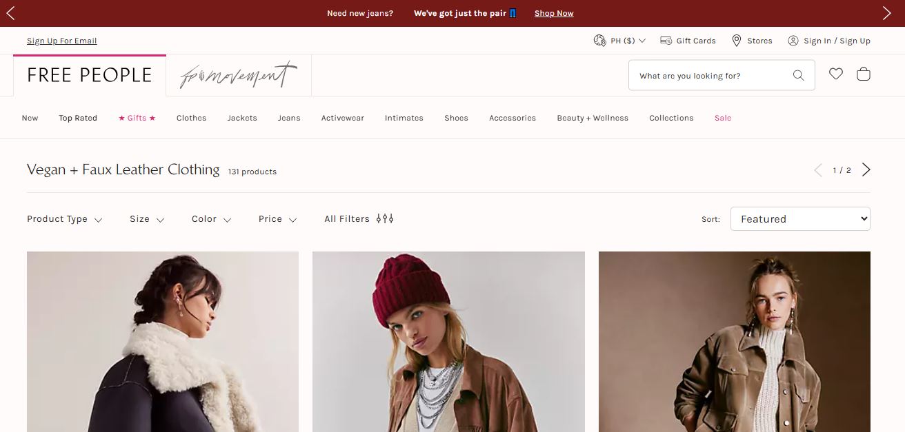  Image of the Free People website featuring a collection of fashionable vegan leather apparel and accessories.