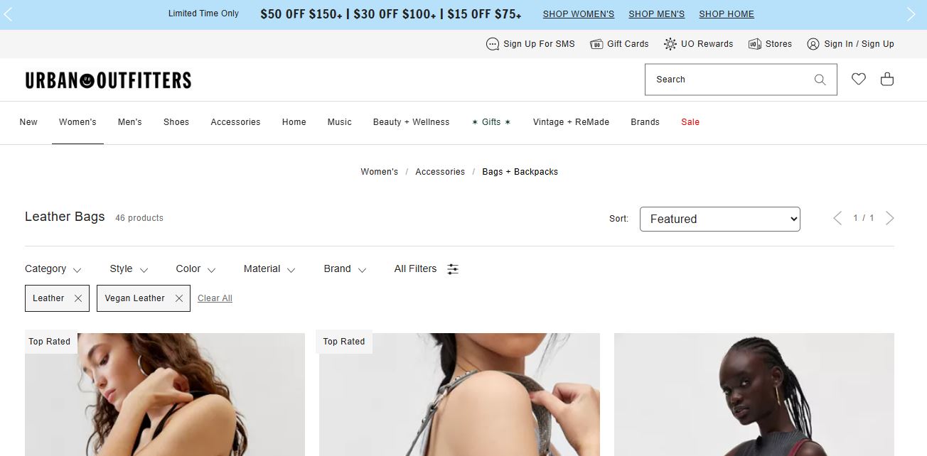 Image of the Urban Outfitters website displaying various vegan leather fashion products and styles for modern consumers.