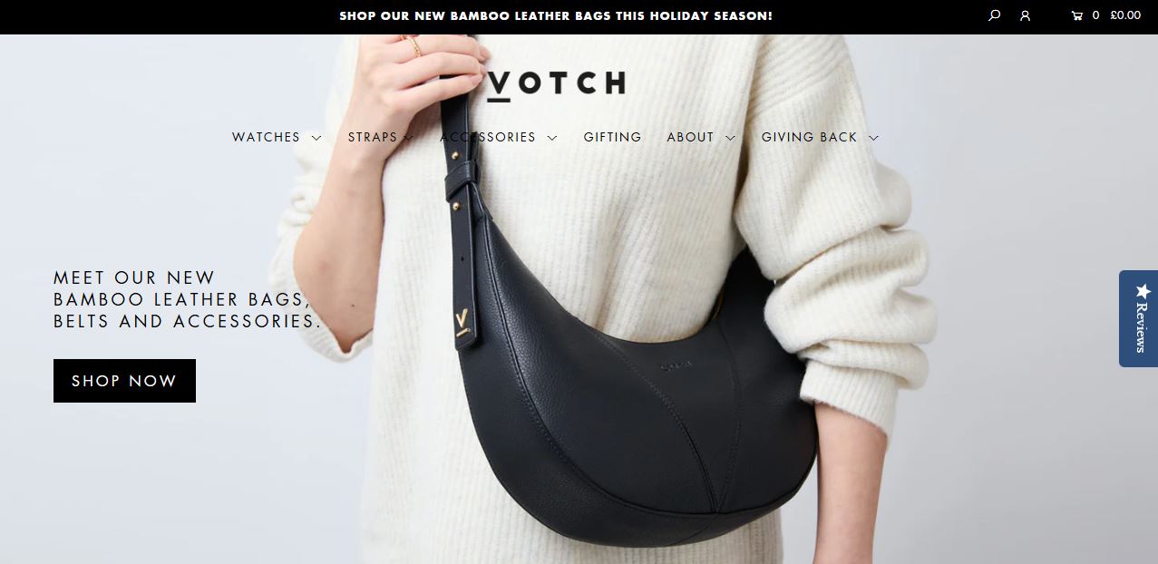 The Votch website displayed, showcasing stylish vegan leather fashion products and sustainable fashion choices.