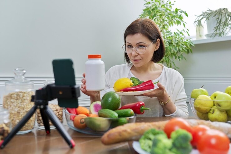 A woman holds a supplement bottle while a camera captures her vibrant plant-based meal, showcasing vegan lifestyle influence.