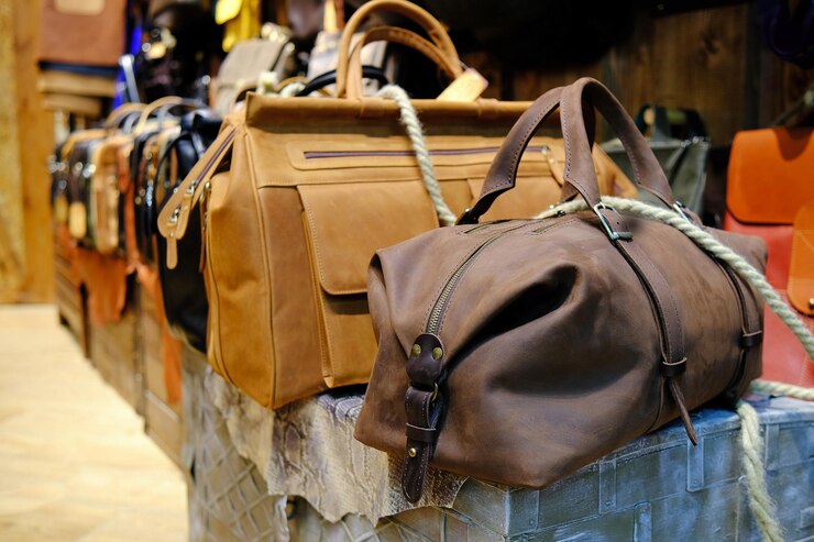 A display of stylish leather bags in a store, showcasing the latest trends in vegan leather fashion.
