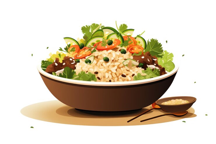 A vibrant rice bowl filled with fresh vegetables and tender meat, showcasing a delicious crispy rice salad.