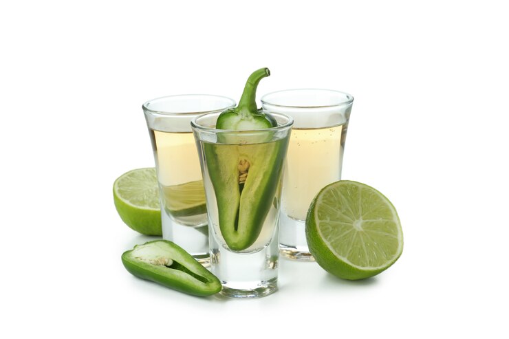 Three shot glasses filled with jalapeno juice, garnished with lime slices and fresh jalapenos on the side.