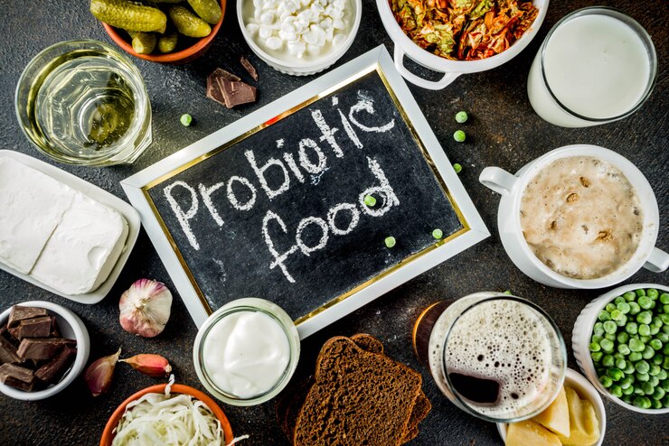 A colorful display of vegan probiotic foods highlighting their benefits for skin health and eczema relief.
