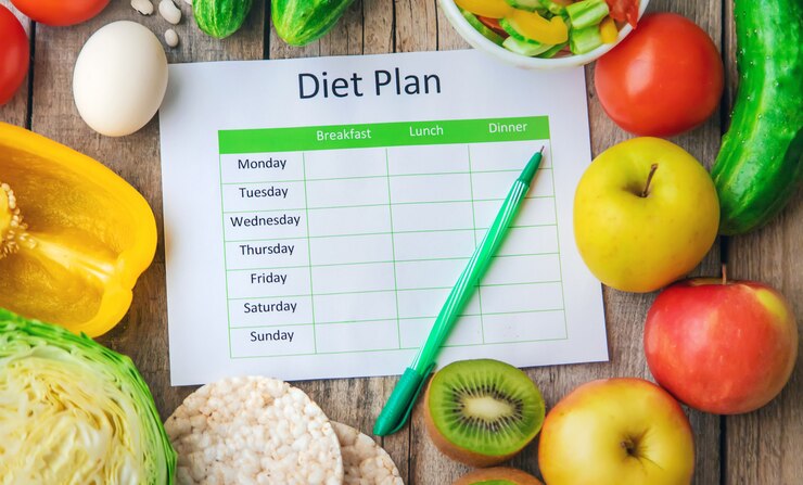 A colorful vegan diet plan displayed on a table surrounded by fresh fruits and vegetables, promoting eczema relief.