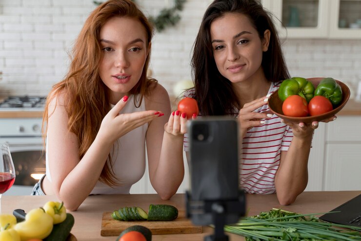 Two women engaged in conversation at a table, featuring a laptop and fresh vegetables, highlighting vegan influences.