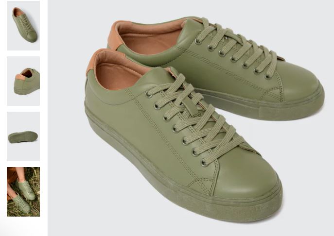 A pair of green sneakers alongside a pair of brown shoes, featuring R-Kind Unisex Titan Khaki by Ration.L.