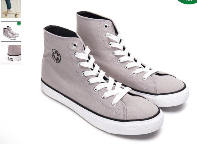 A pair of grey high top sneakers displayed, featuring the Redo Unisex Recycled PET Mid Top Sneakers by NAE Vegan Shoes.