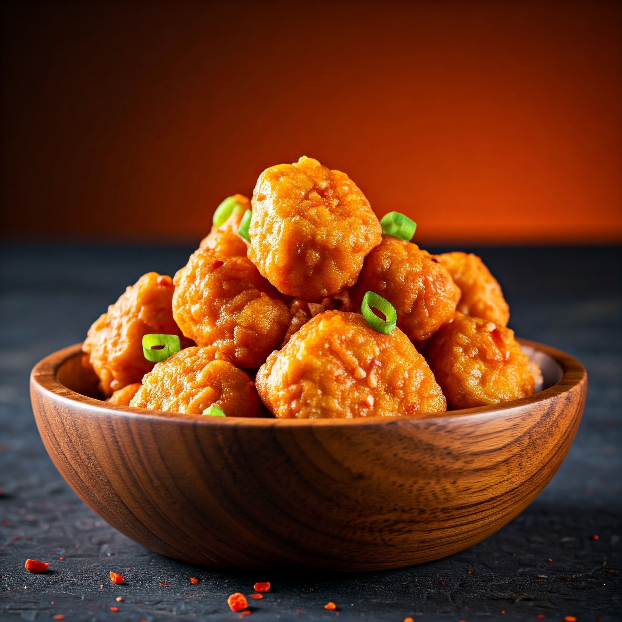 A bowl of crispy sweet chilli tofu garnished with fresh green onions, perfect for a delightful Valentine's Day treat.