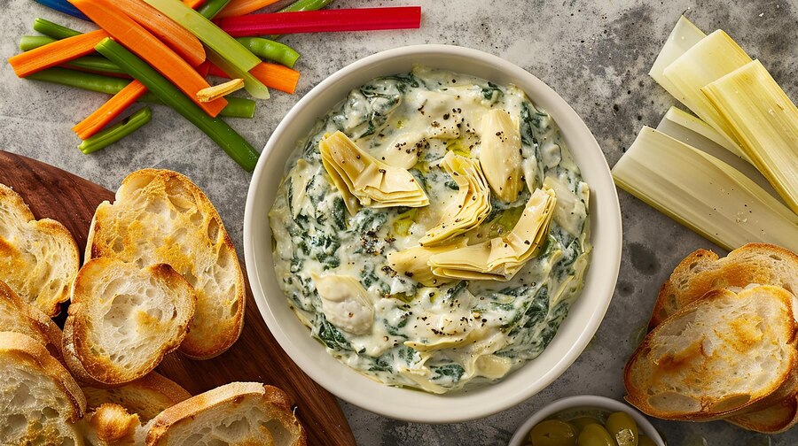 A bowl of vegan spinach and artichoke dip surrounded by fresh bread and assorted vegetables.