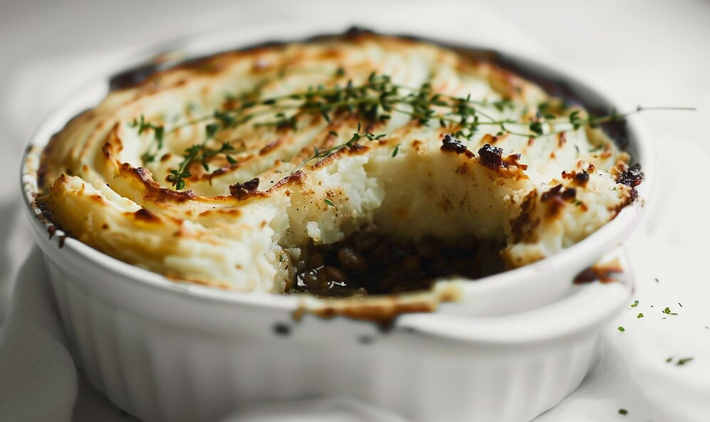 A hearty vegan shepherd's pie featuring layers of beef and potatoes, topped with a golden crust.