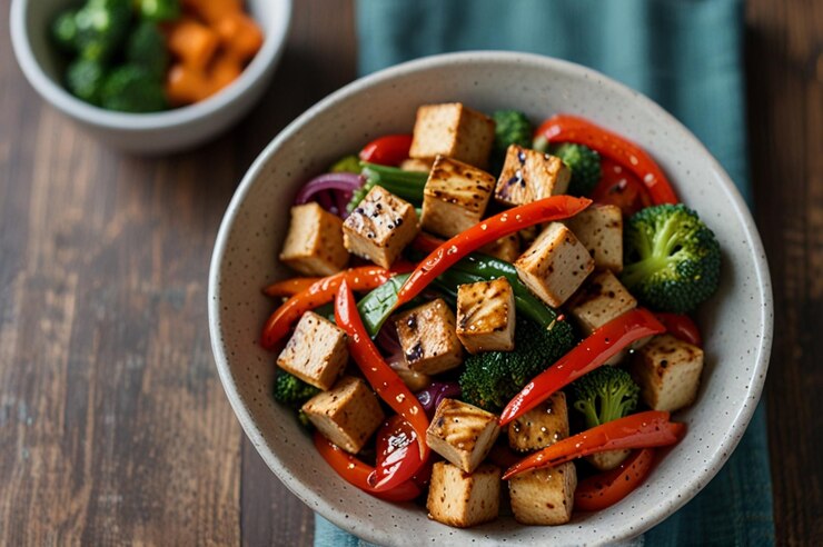 A vibrant bowl of mixed stir-fried veggies & tofu, paired with a side of fresh vegetables, designed for a special Valentine's meal.